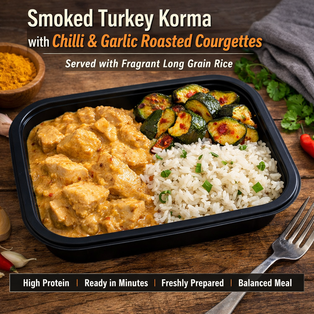 Smoked Turkey Korma with Chilli &amp; Garlic Roasted Courgettes and Fragrant Long Grain Rice