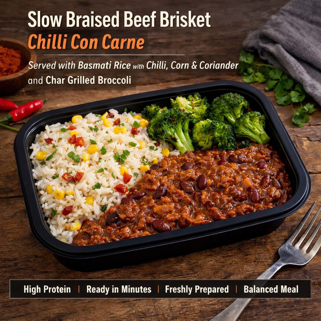 Slow Braised Beef Brisket Chilli Con Carne Basmati Rice with Chilli, Corn &amp; Coriander Char Grilled Broccoli