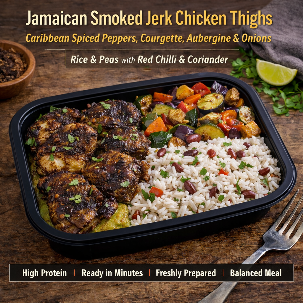 Jamaican Smoked Jerk Chicken Thighs Caribbean Spiced Peppers, Courgette, Aubergine & Onions Rice and Peas with Red Chilli & Coriander