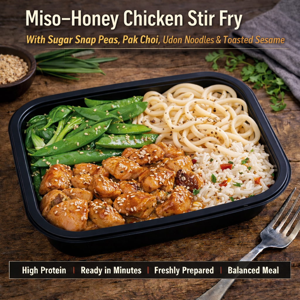 Miso–Honey Chicken Stir Fry  With Sugar Snap Peas, Pak Choi, Udon Noodles & Toasted Sesame