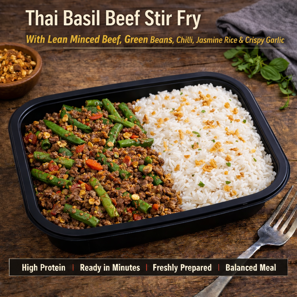 Thai Basil Beef Stir Fry Lean minced beef, green beans, chilli, jasmine rice &amp; crispy garlic