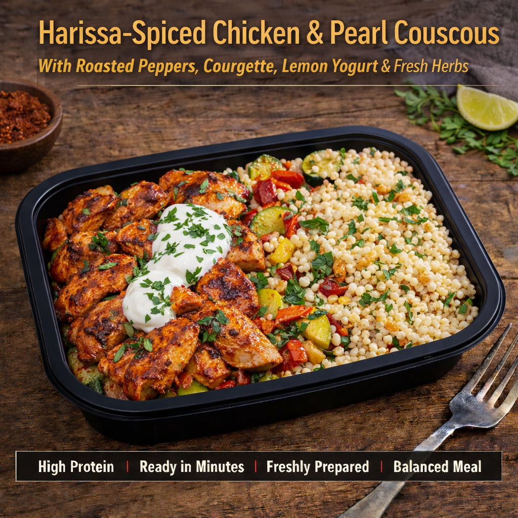 Harissa-Spiced Chicken &amp; Pearl Couscous Roasted peppers, courgette, lemon yogurt &amp; fresh herbs