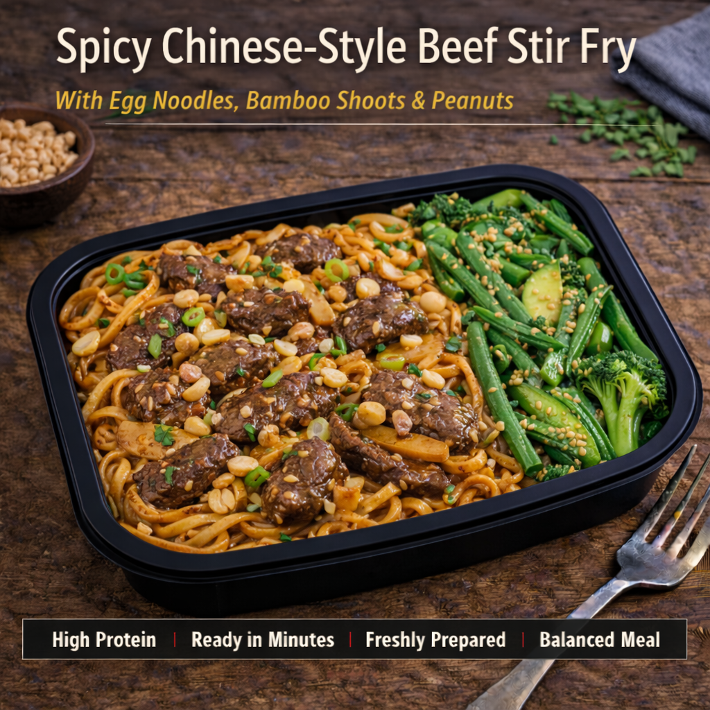 Spicy Chinese-Style Beef Stir Fry  With Egg Noodles, Bamboo Shoots &amp; Peanuts