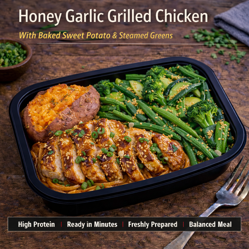 Honey Garlic Grilled Chicken  With Baked Sweet Potato & Steamed Greens