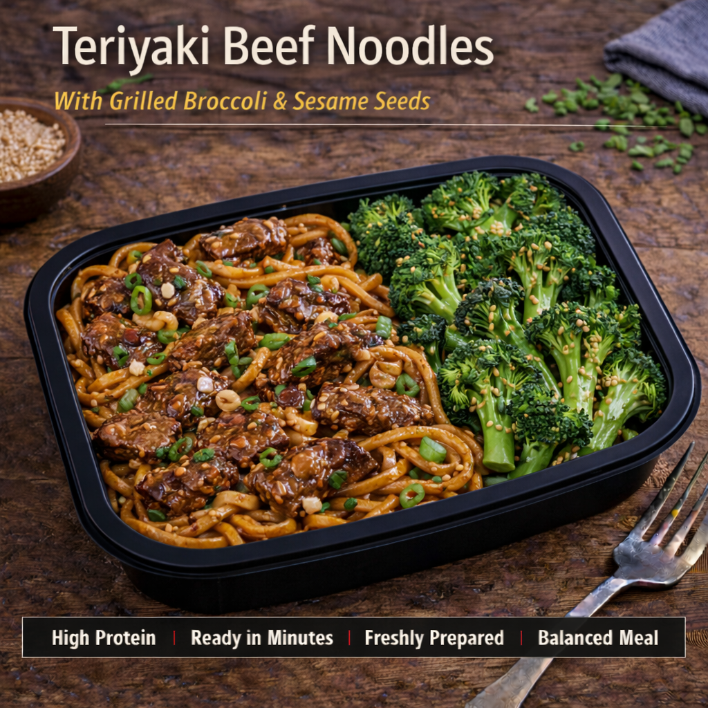 Teriyaki Beef Noodles with grilled broccoli and sesame seeds