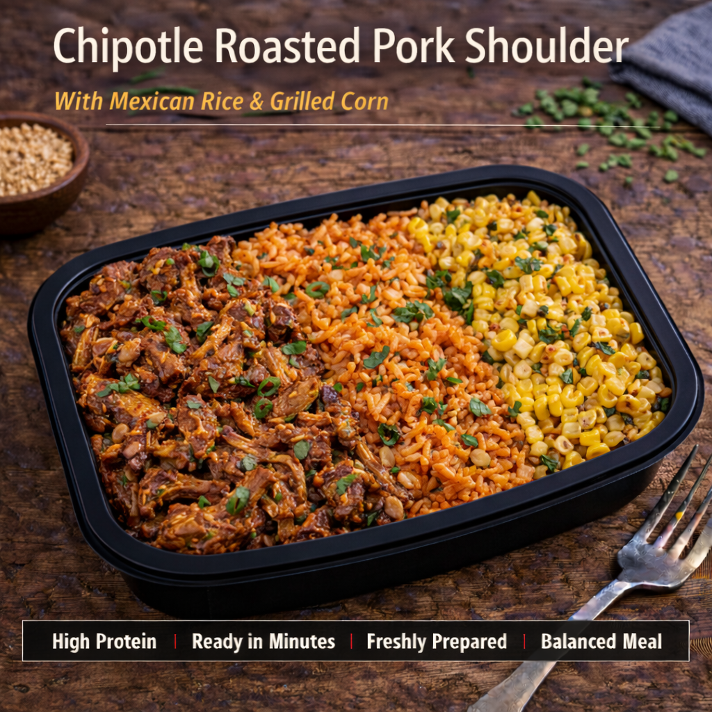 Chipotle Roasted Pork Shoulder with Mexican rice and grilled corn