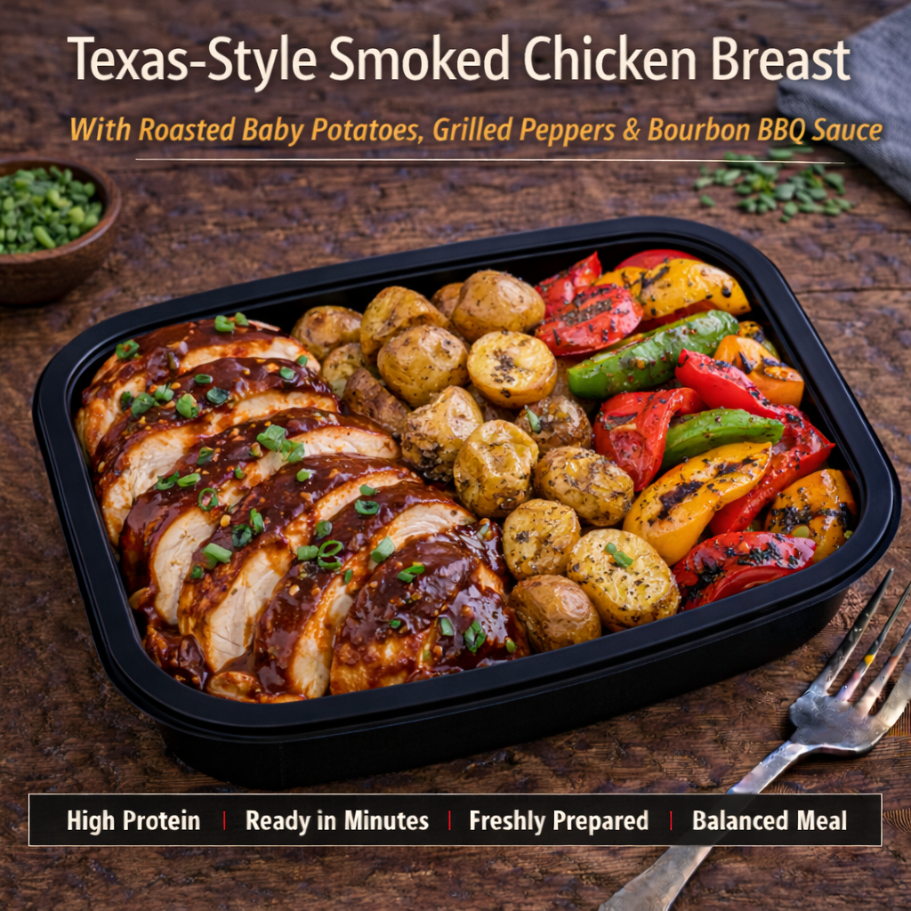 Texas Style Smoked Chicken Breast, roasted baby potatoes, grilled peppers, bourbon bbq sauce