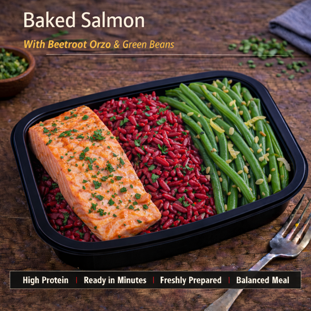 Baked Salmon with beetroot orzo and green beans
