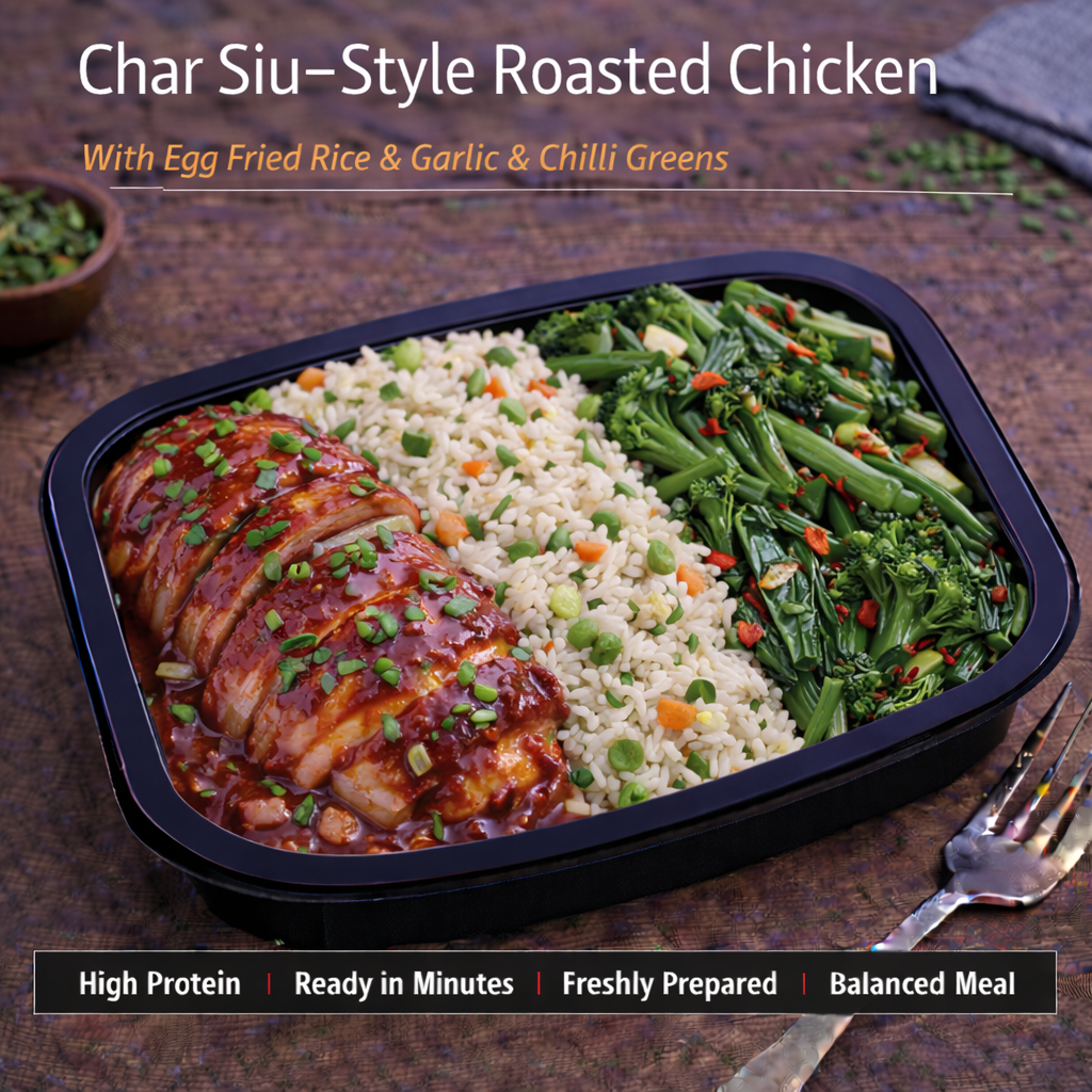 Char Sui roasted chicken, egg fried rice, garlic &amp; chilli greens