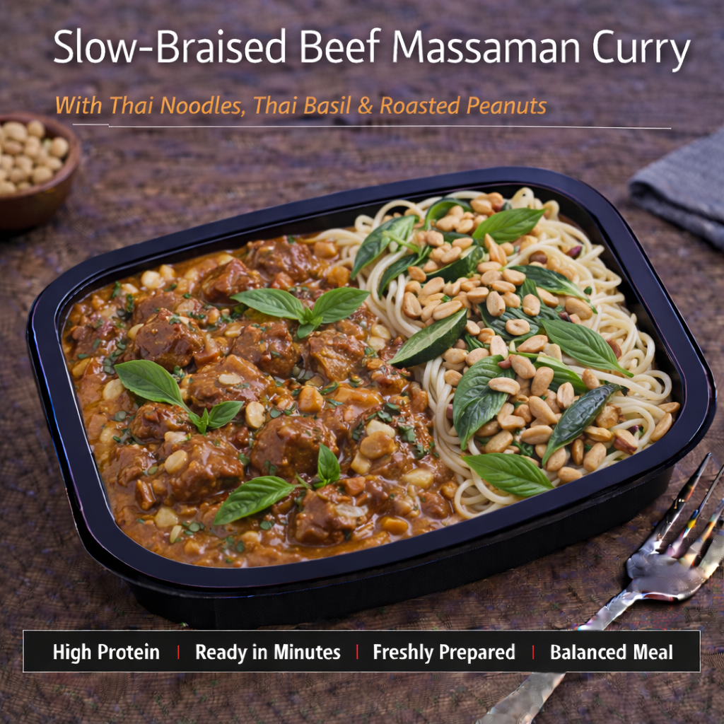 Slow braised beef massaman curry with Thai noodles, Thai basil, and roasted peanuts