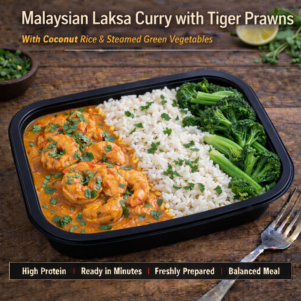 Maylasian Laksa Curry with Tiger Prawns, coconut Rice, steamed Green vegetables