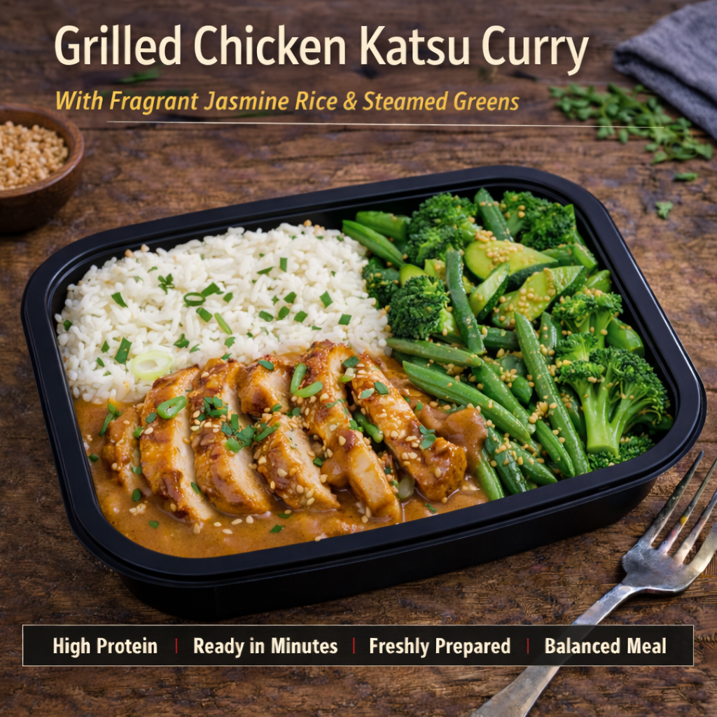 Grilled Chicken Katsu Curry with Fragrant Jasmine Rice and steamed greens