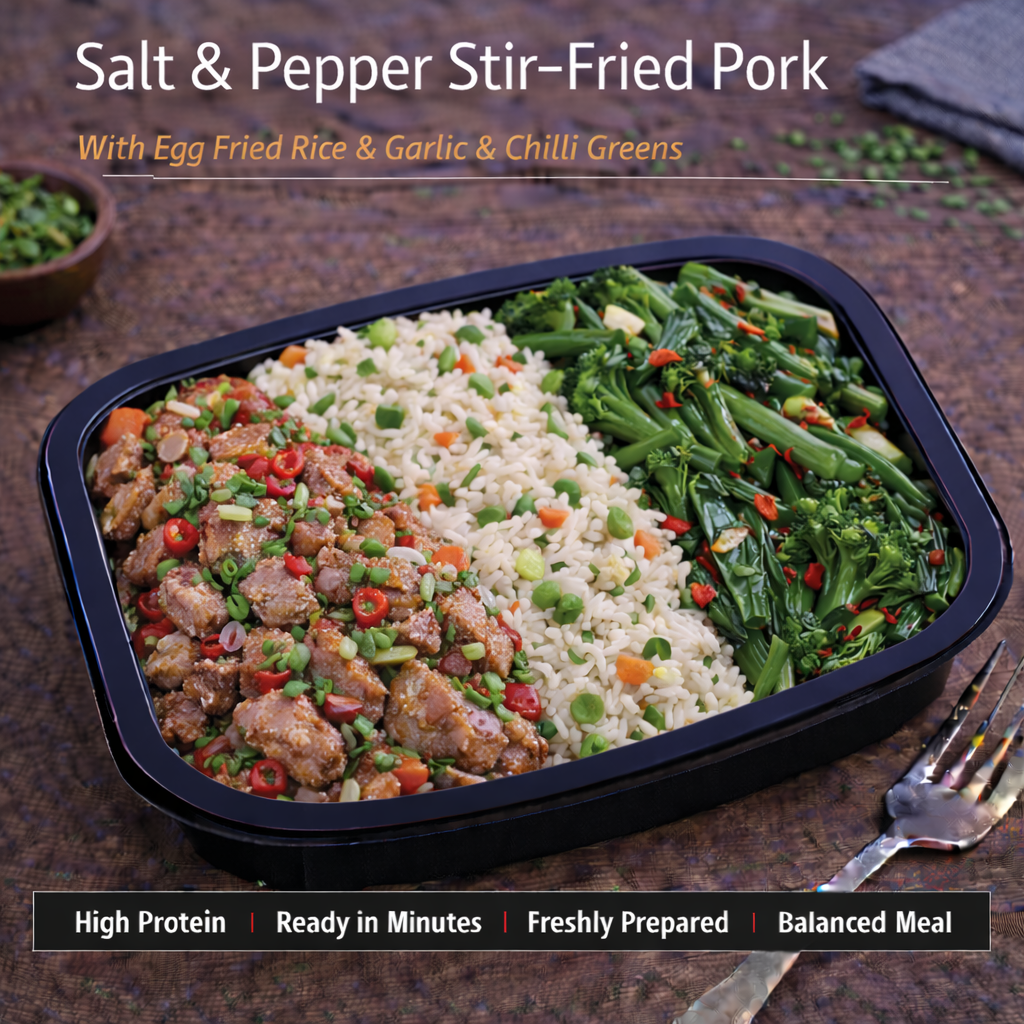 Salt and pepper stir fried pork, egg fried rice, garlic &amp; chilli greens