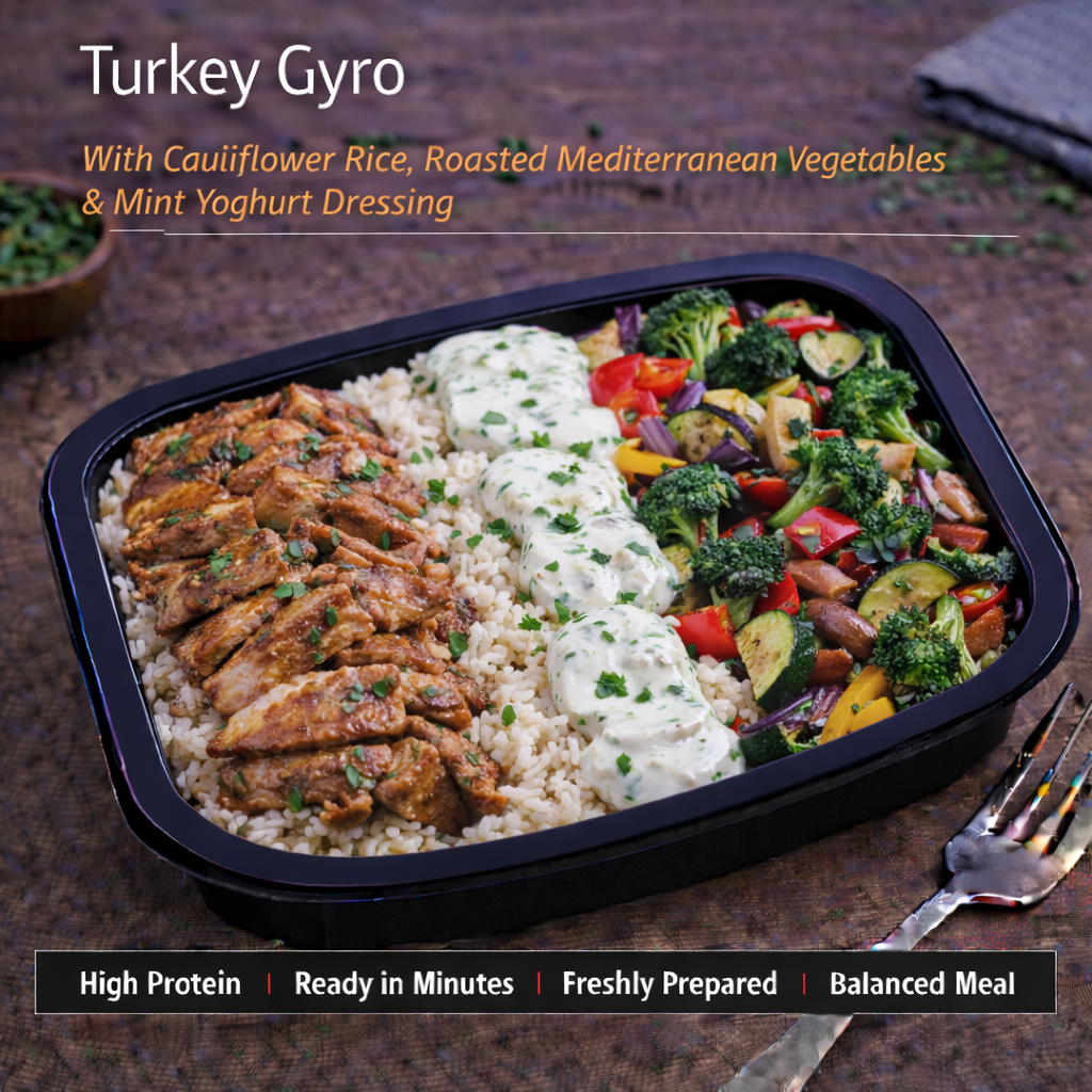 Turkey Gyro with Cauliflower rice, roasted Mediterranean vegetables and a mint yoghurt dressing