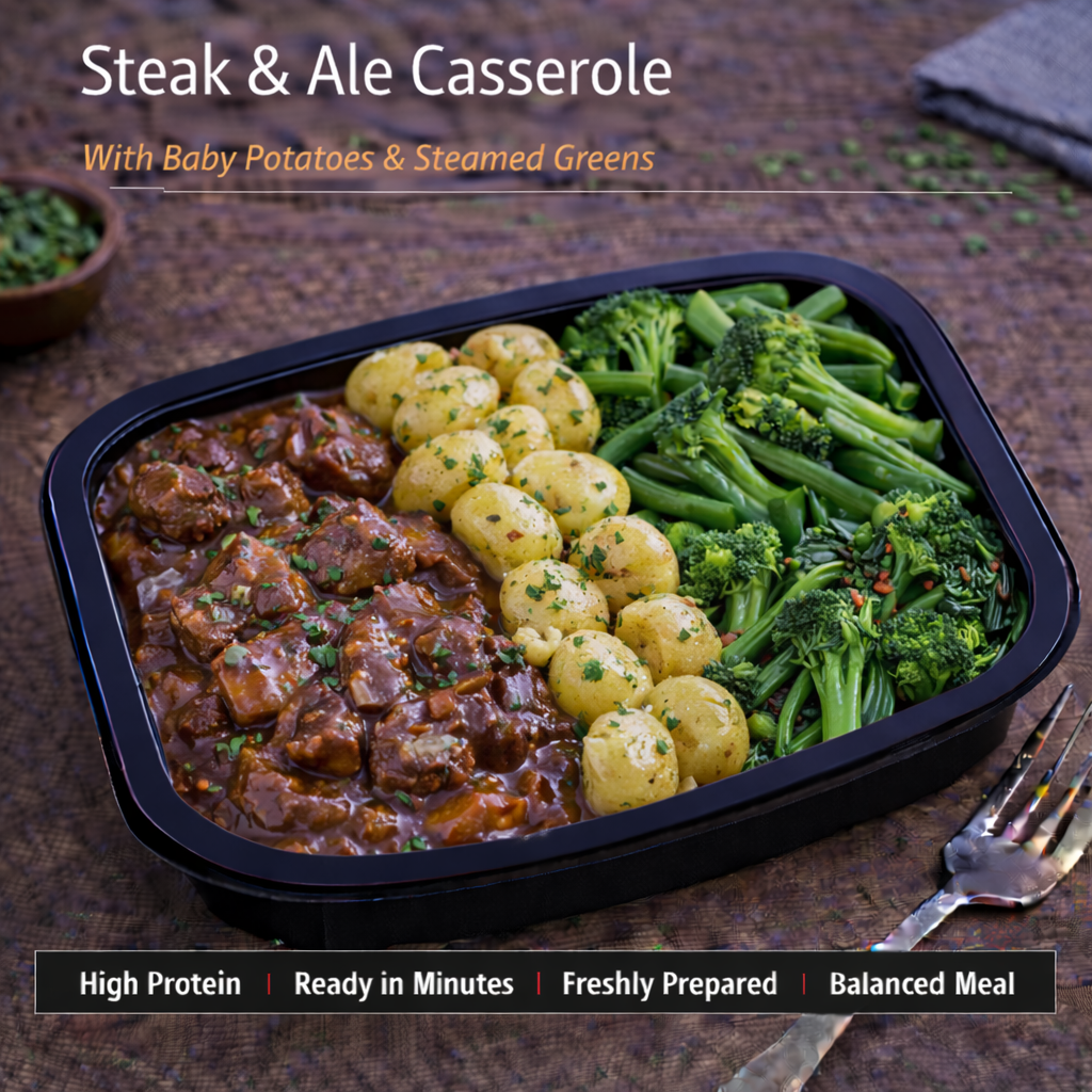 Steak and Ale Casserole, baby potatoes, steamed greens