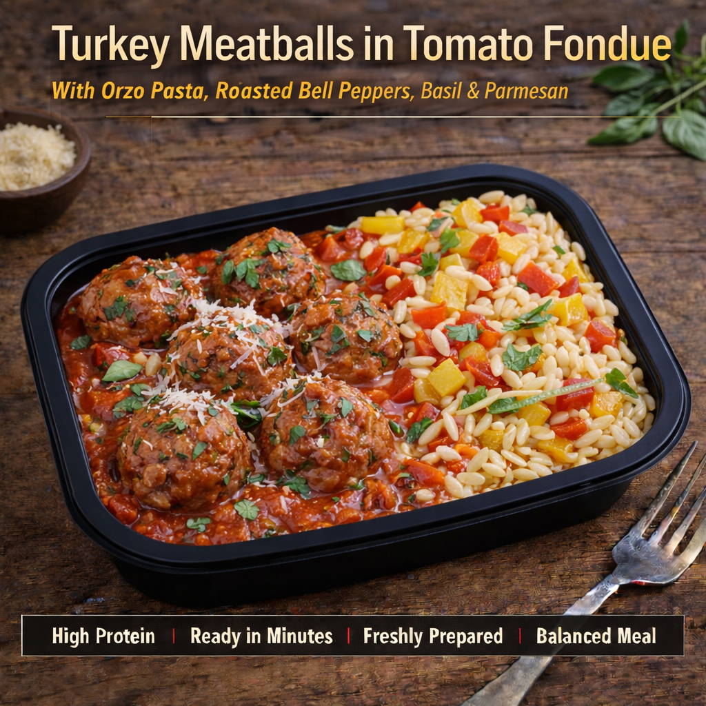 Turkey Meatballs in Tomato Fondue
With Orzo Pasta, Roasted Bell Peppers, Basil &amp; Parmesan