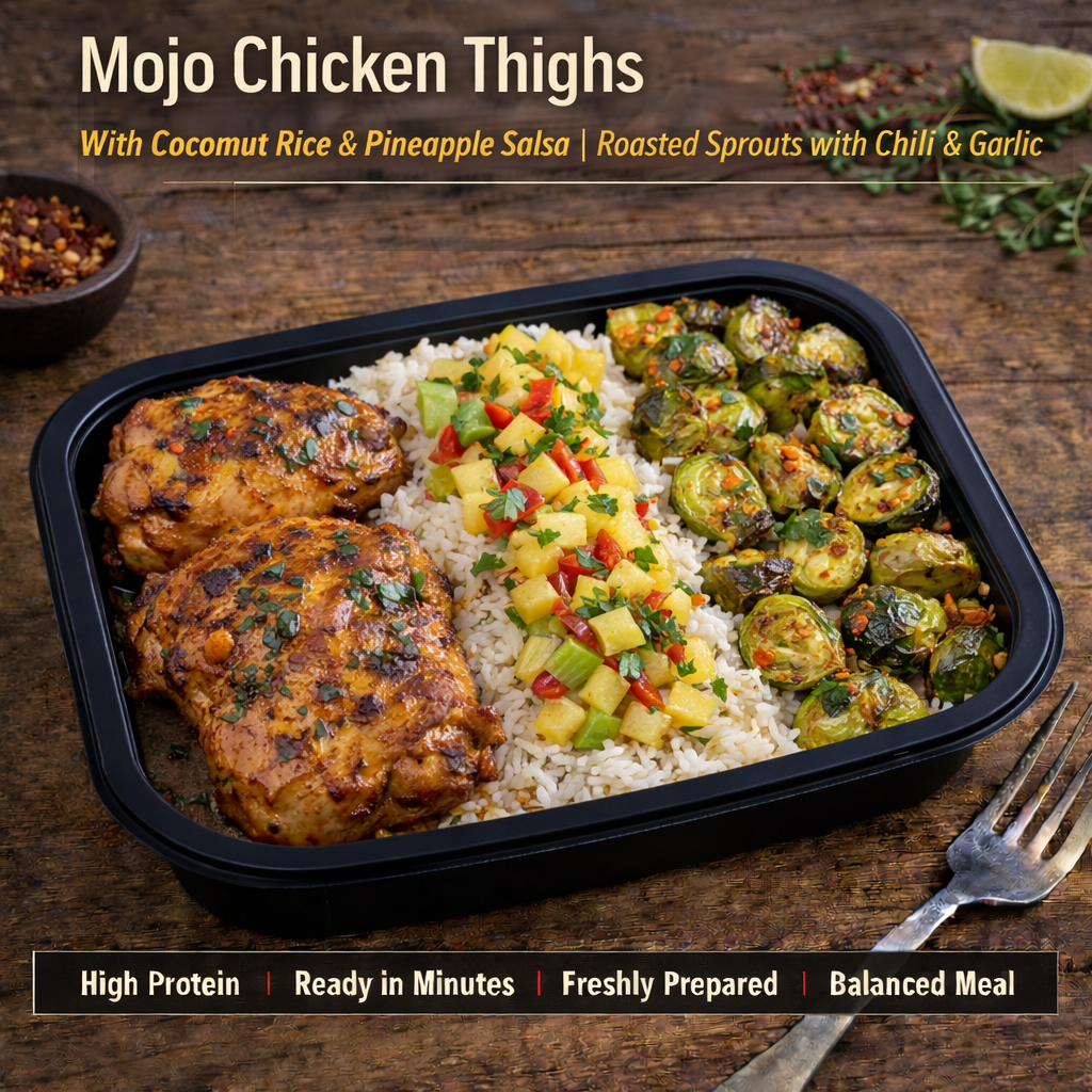 Mojo Chicken Thighs
Coconut rice & pineapple salsa, roasted Sprouts with Chilli & garlic
