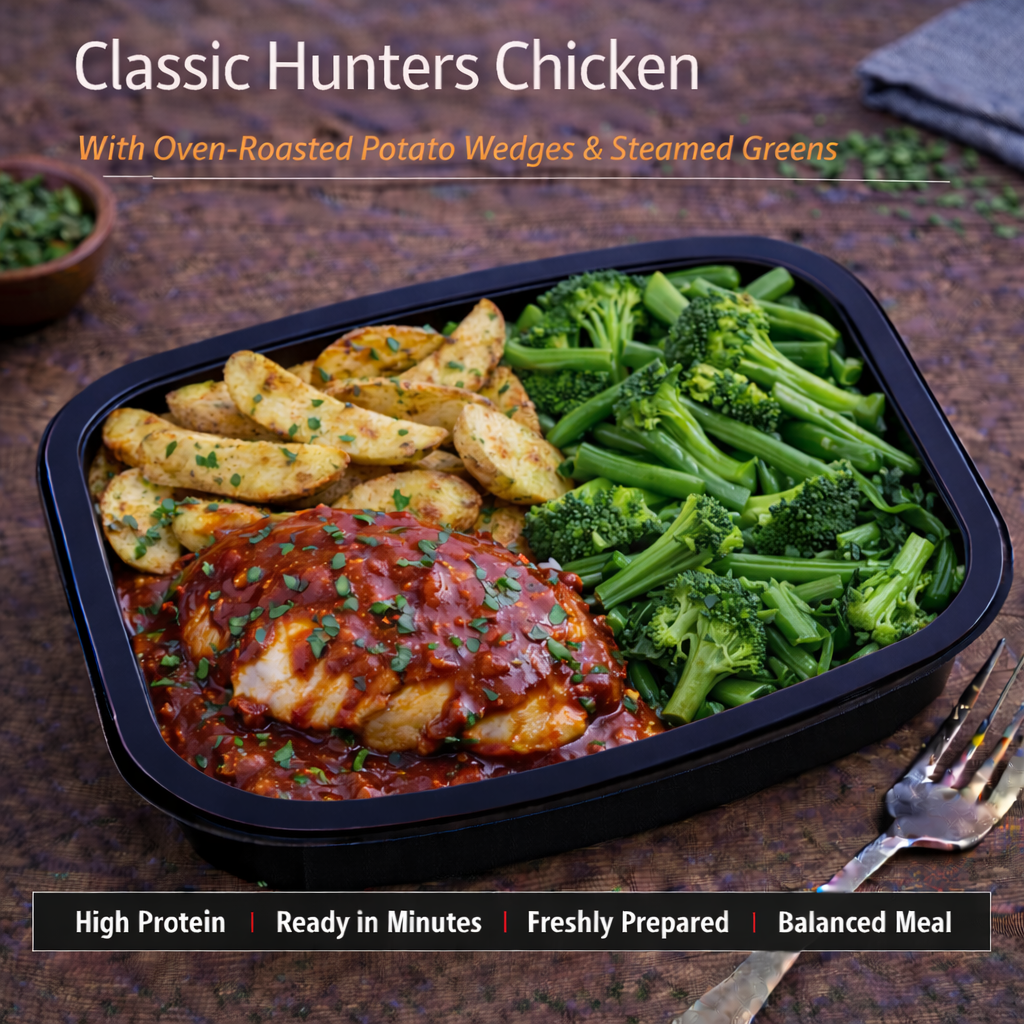 Classic Hunters Chicken
With Oven-Roasted Potato Wedges & Steamed Greens
