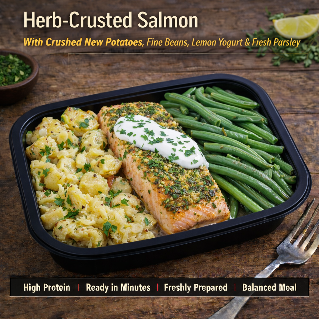 Herb-Crusted Salmon
Crushed new potatoes, fine beans &amp; lemon yogurt, fresh parsley