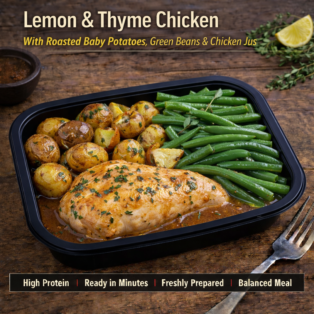 Lemon &amp; Thyme Chicken
With Roasted Baby Potatoes, Green Beans &amp; Chicken Jus