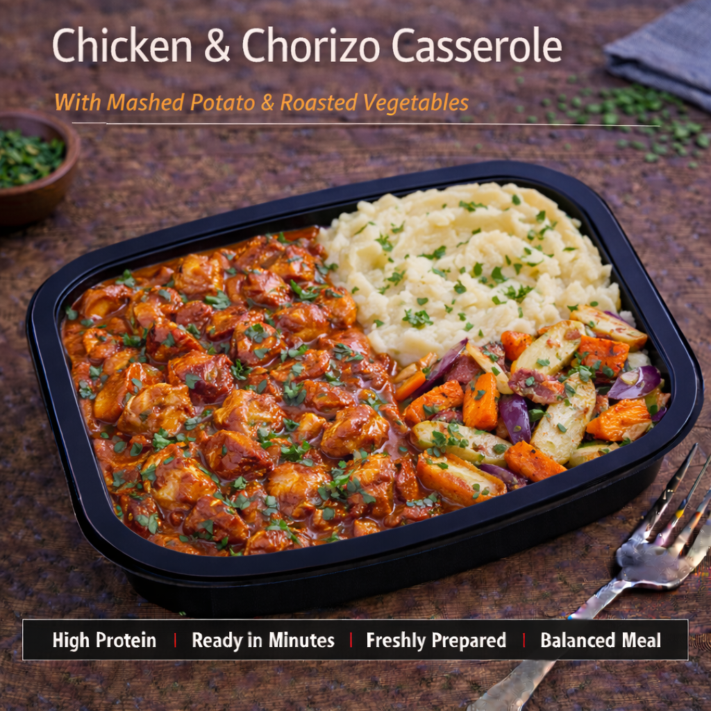 Chicken &amp; chorizo Casserole with Mashed Potato, and roasted vegetables