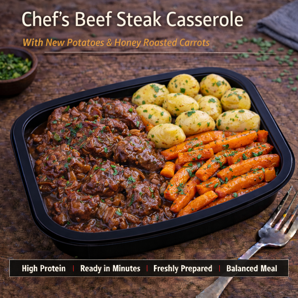 chef's Beef Steak Casserole with New potatoes &amp; honey roasted Carrots