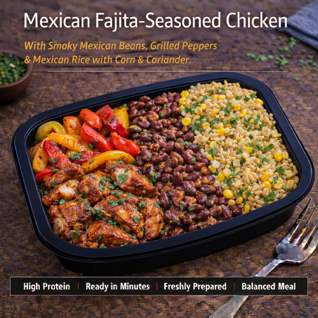 Mexican Fajita seasoned Chicken, Mexican Smokey beans, Grilled peppers, served with mexican rice with corn and coriander