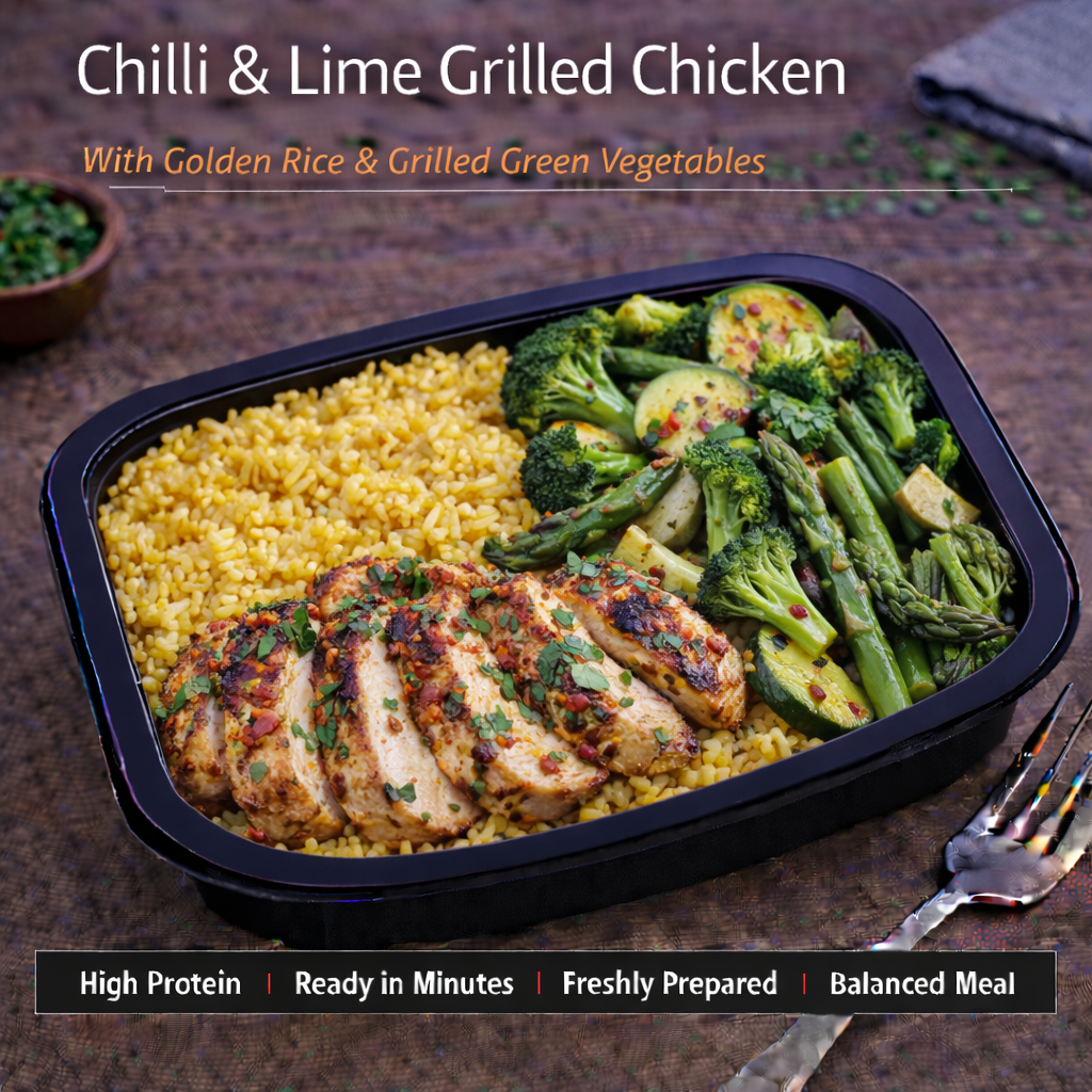 Chilli and lime grilled chicken with Golden rice and grilled green vegetables