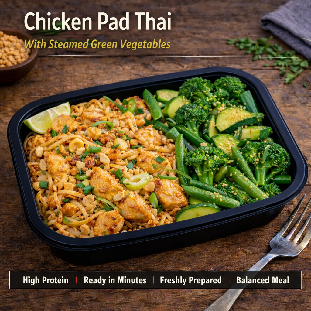Chicken Pad Thai
With Steamed Green Vegetables