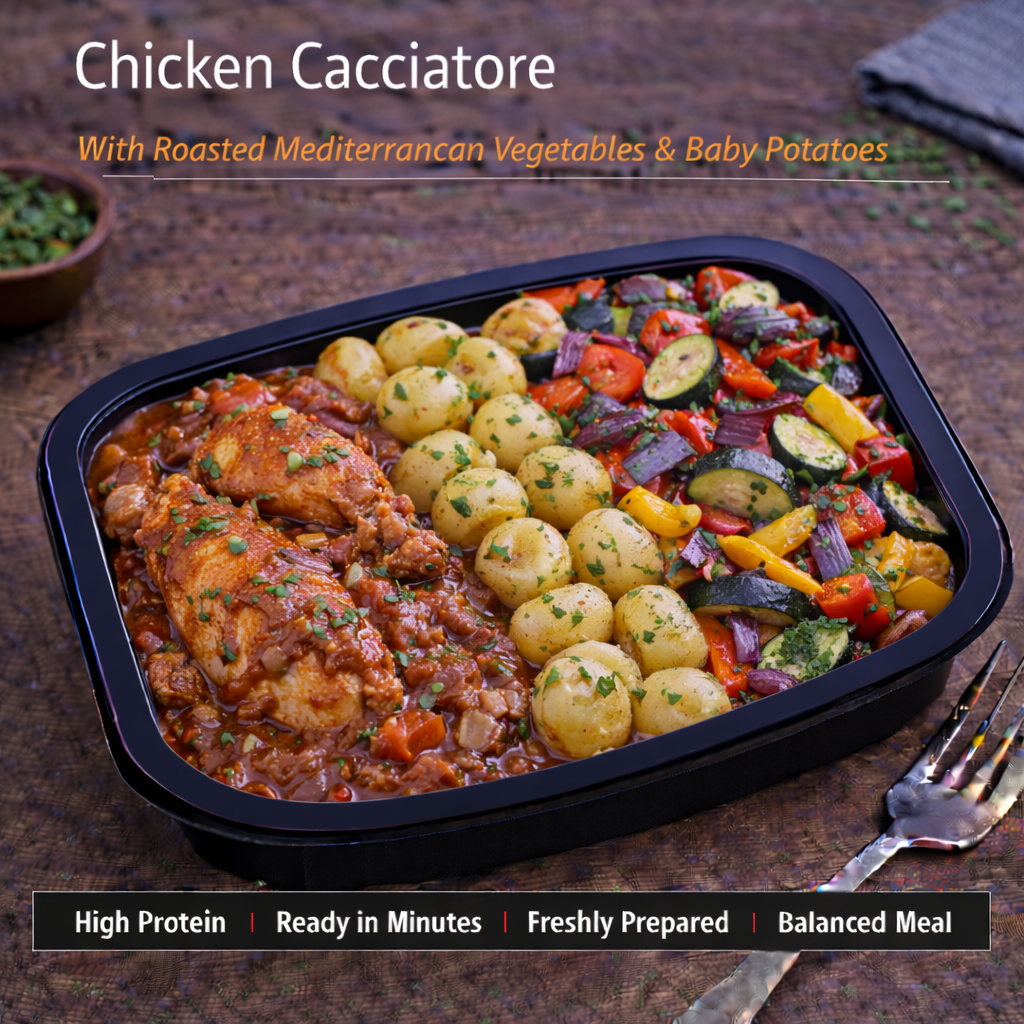Chicken Cacciatore with Roasted Mediterranean vegetables and baby potatoes