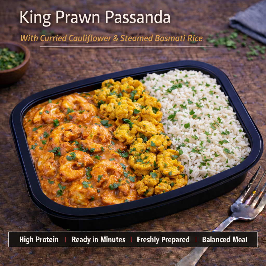 King prawn passanda with Curried Cauliflower and Basmati rice
