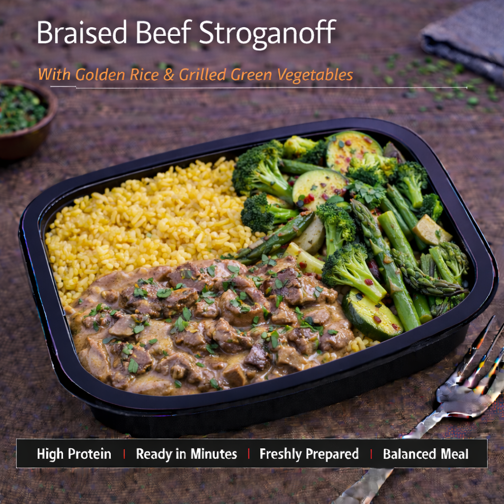 Braised Beef Stroganoff with golden rice and grilled green vegetables