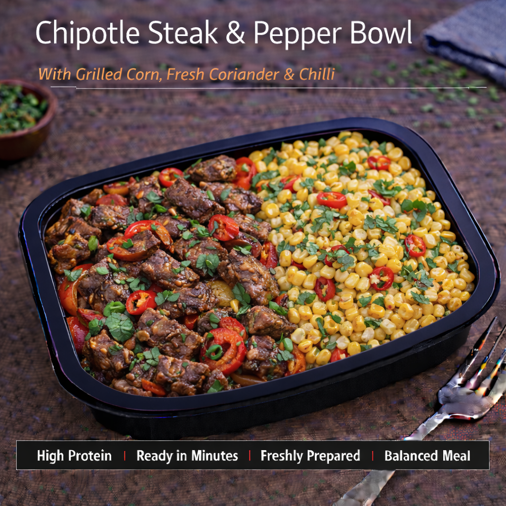 Chipotle Steak and Pepper Bowl, Grilled corn, topped with Fresh coriander and chillis